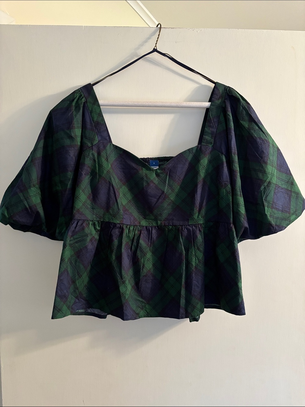 Plaid Peplum Puff Sleeve Top - Green/Navy